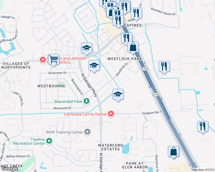 map of restaurants, bars, coffee shops, grocery stores, and more near 11815 Westlock Drive in Tomball