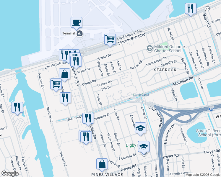 map of restaurants, bars, coffee shops, grocery stores, and more near 7545 Carole Lane in New Orleans