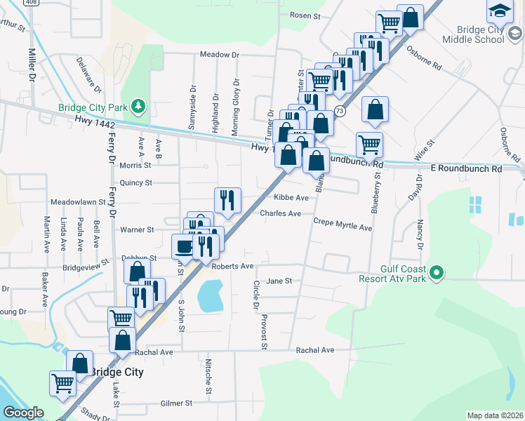 map of restaurants, bars, coffee shops, grocery stores, and more near 1395 Texas Avenue in Bridge City