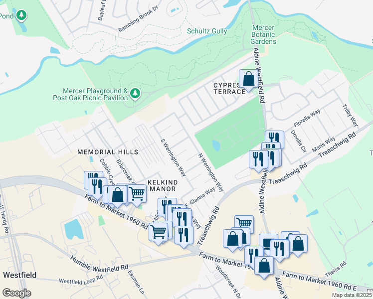 map of restaurants, bars, coffee shops, grocery stores, and more near Tomica Court in Houston
