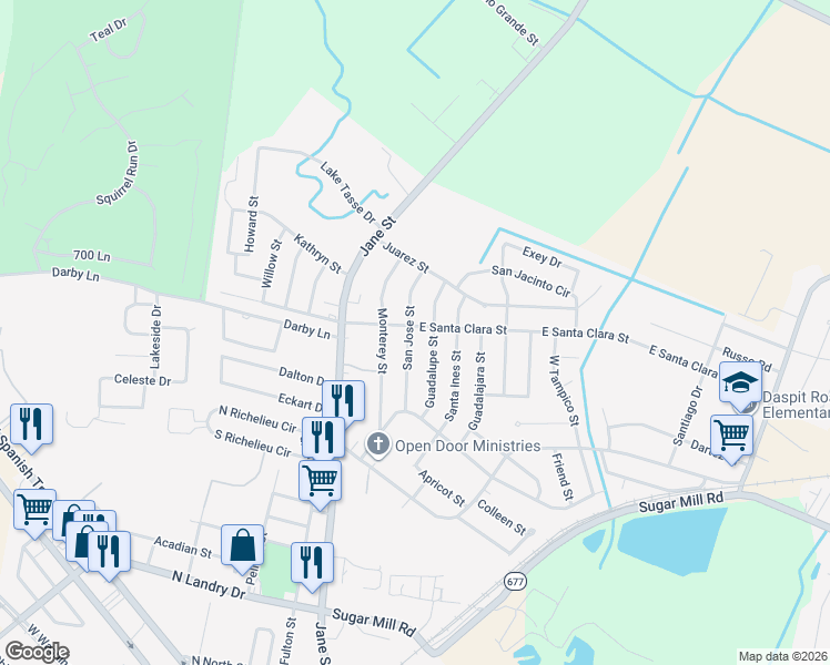 map of restaurants, bars, coffee shops, grocery stores, and more near 300 East Santa Clara Street in New Iberia