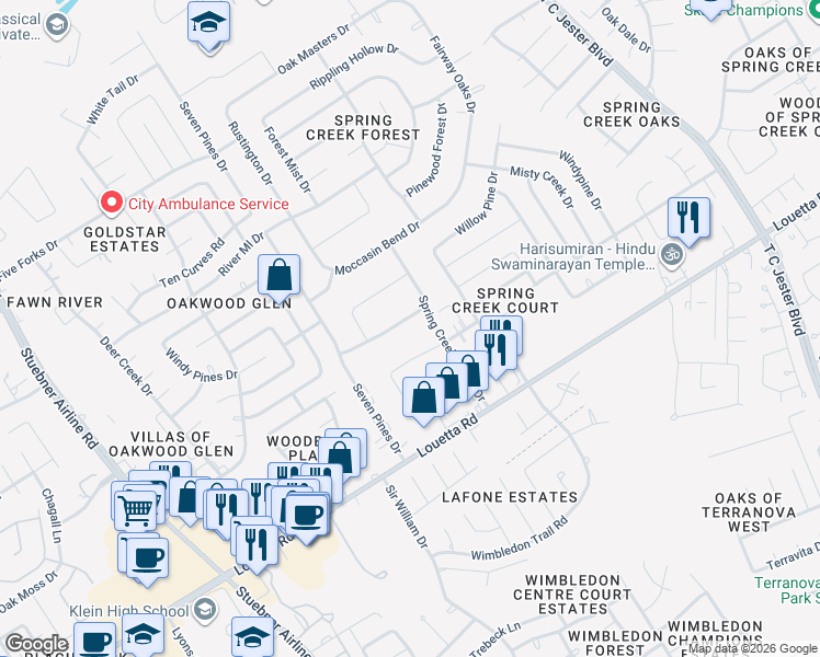 map of restaurants, bars, coffee shops, grocery stores, and more near 6614 Falling Waters Drive in Spring