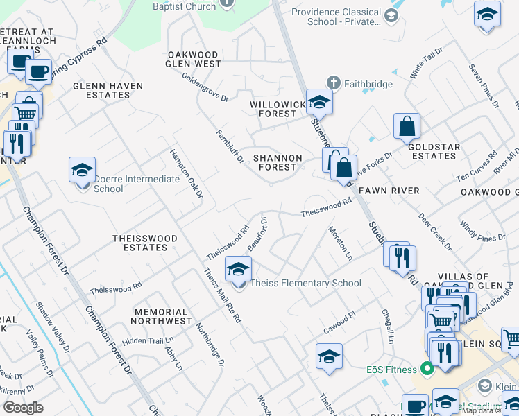 map of restaurants, bars, coffee shops, grocery stores, and more near 7718 Theisswood Road in Spring