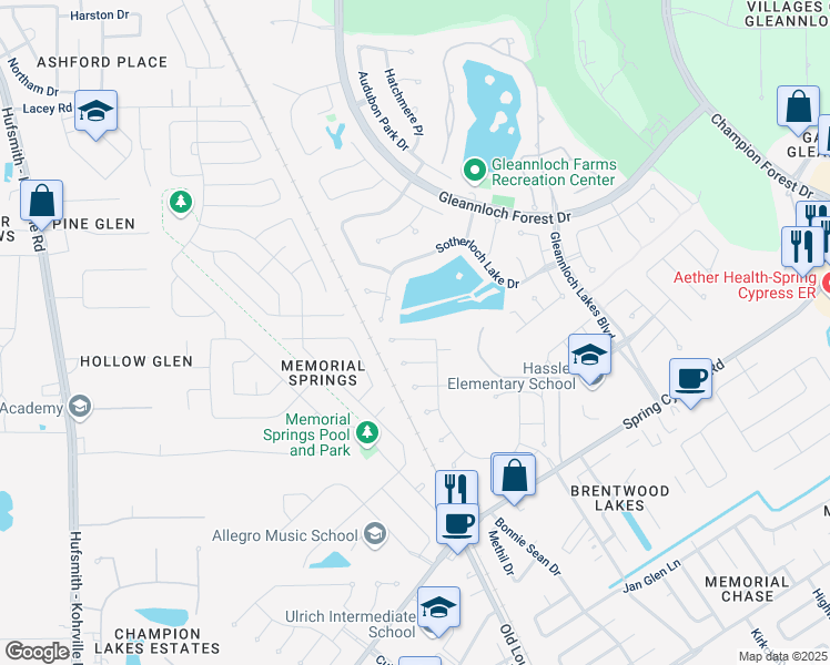 map of restaurants, bars, coffee shops, grocery stores, and more near 9720 Birdsnest Court in Spring