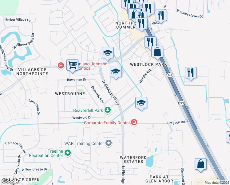 map of restaurants, bars, coffee shops, grocery stores, and more near 11834 Oakner Drive in Tomball