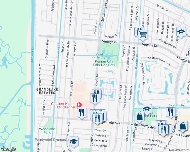 map of restaurants, bars, coffee shops, grocery stores, and more near 6 Oakland Road in Kenner