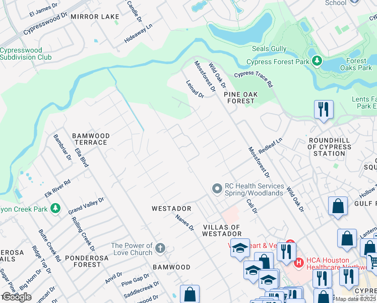 map of restaurants, bars, coffee shops, grocery stores, and more near 17810 Red Oak Drive in Houston