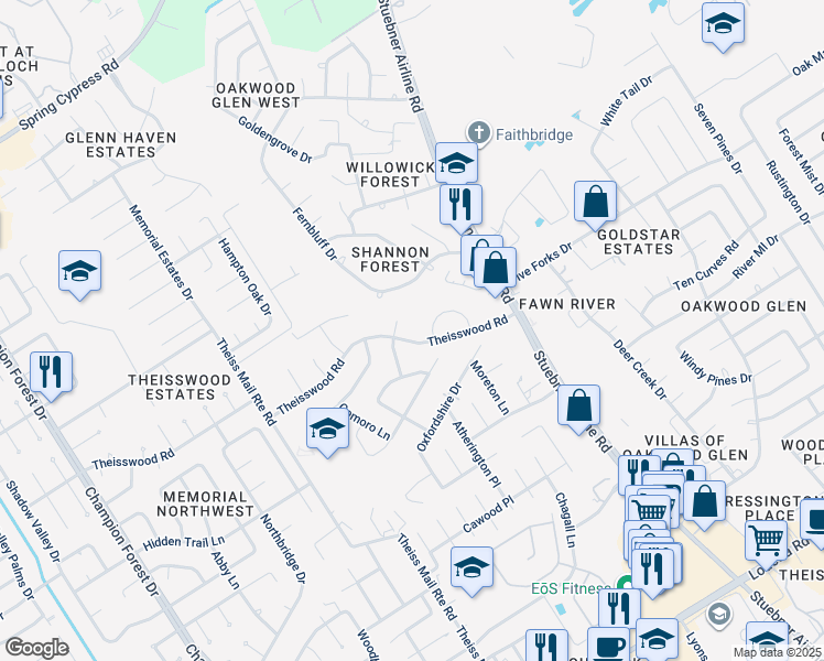 map of restaurants, bars, coffee shops, grocery stores, and more near 7530 Ralick Court in Spring