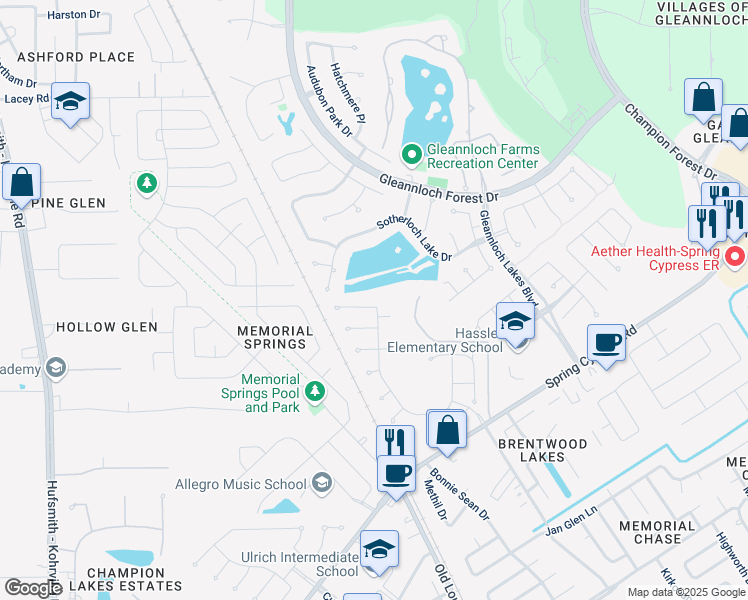 map of restaurants, bars, coffee shops, grocery stores, and more near 9720 Birdsnest Court in Spring