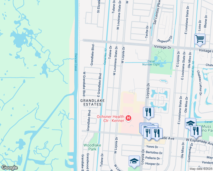 map of restaurants, bars, coffee shops, grocery stores, and more near 3720 Tulane Drive in Kenner