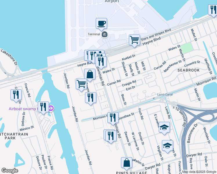 map of restaurants, bars, coffee shops, grocery stores, and more near 7707 Downman Road in New Orleans