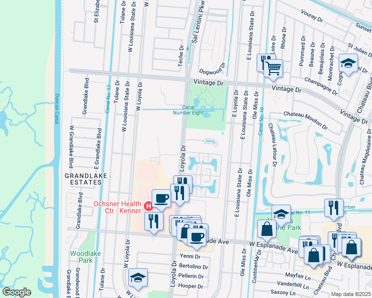 map of restaurants, bars, coffee shops, grocery stores, and more near 6 Oakland Road in Kenner