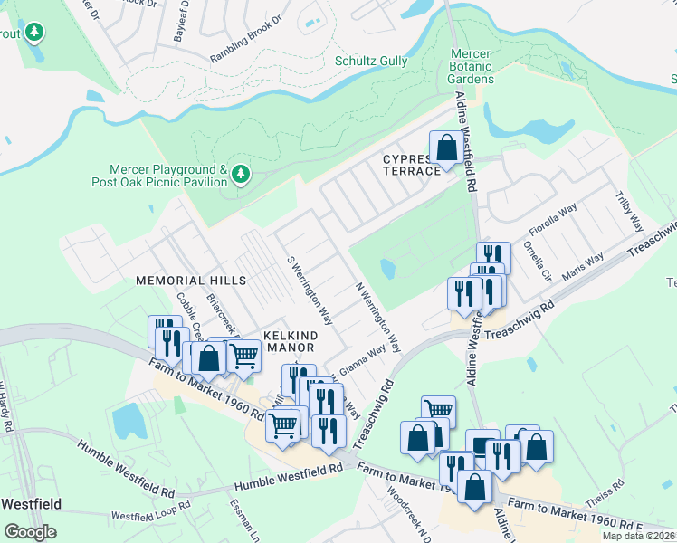 map of restaurants, bars, coffee shops, grocery stores, and more near 2450 Jonahs Way in Houston