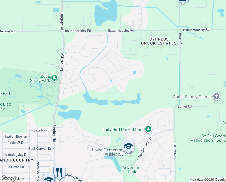 map of restaurants, bars, coffee shops, grocery stores, and more near 23723 Becker Road in Hockley