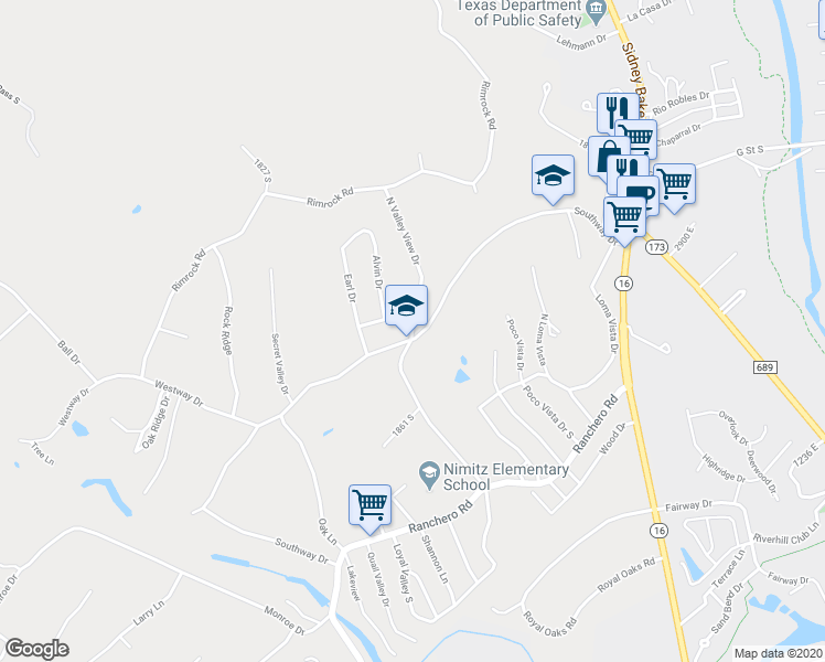 map of restaurants, bars, coffee shops, grocery stores, and more near 241 Southway Dr in Kerrville