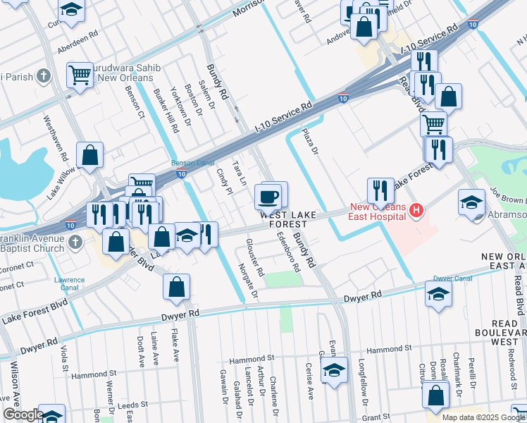 map of restaurants, bars, coffee shops, grocery stores, and more near 6711 Tara Lane in New Orleans