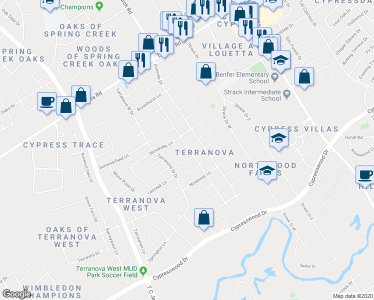 map of restaurants, bars, coffee shops, grocery stores, and more near 5303 Slashwood Lane in Spring