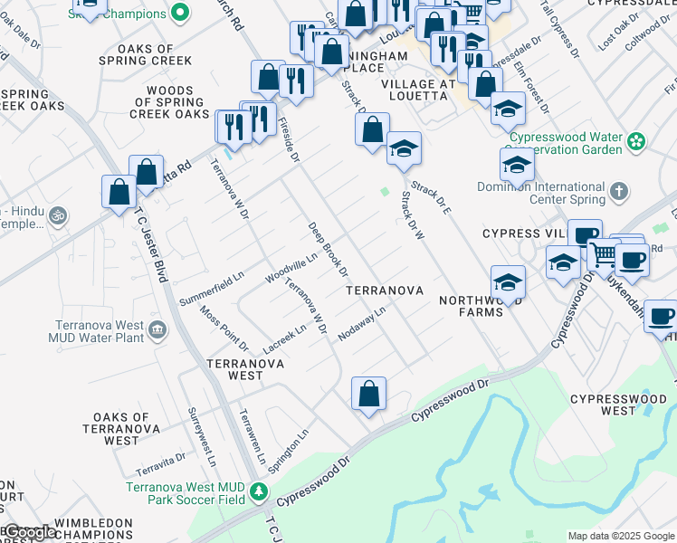 map of restaurants, bars, coffee shops, grocery stores, and more near 5303 Slashwood Lane in Spring