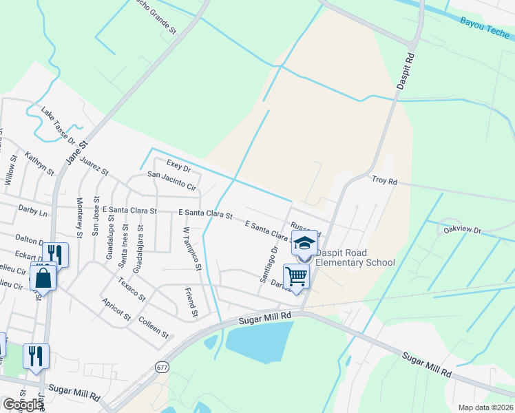 map of restaurants, bars, coffee shops, grocery stores, and more near 907 Russo Road in New Iberia