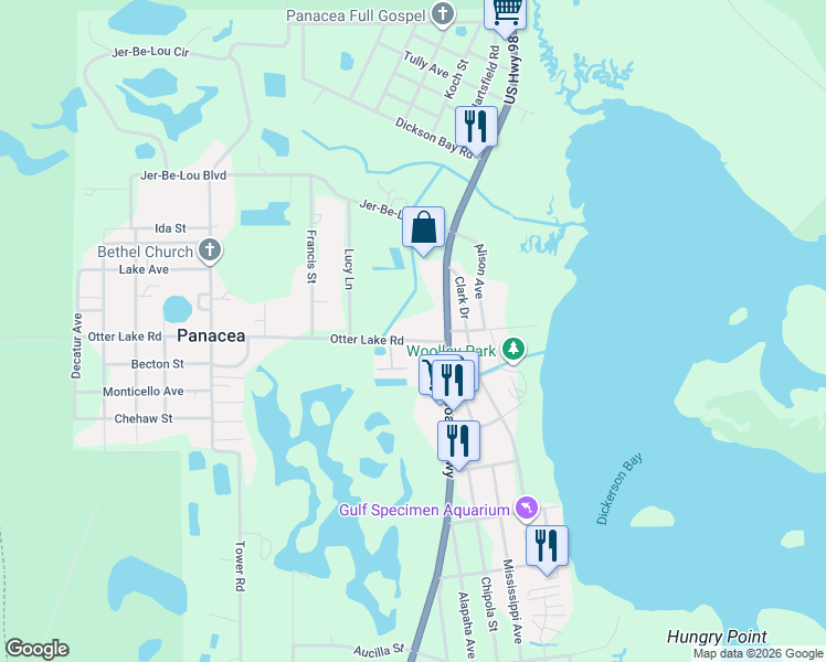 map of restaurants, bars, coffee shops, grocery stores, and more near 37 Otter Lake Road in Panacea