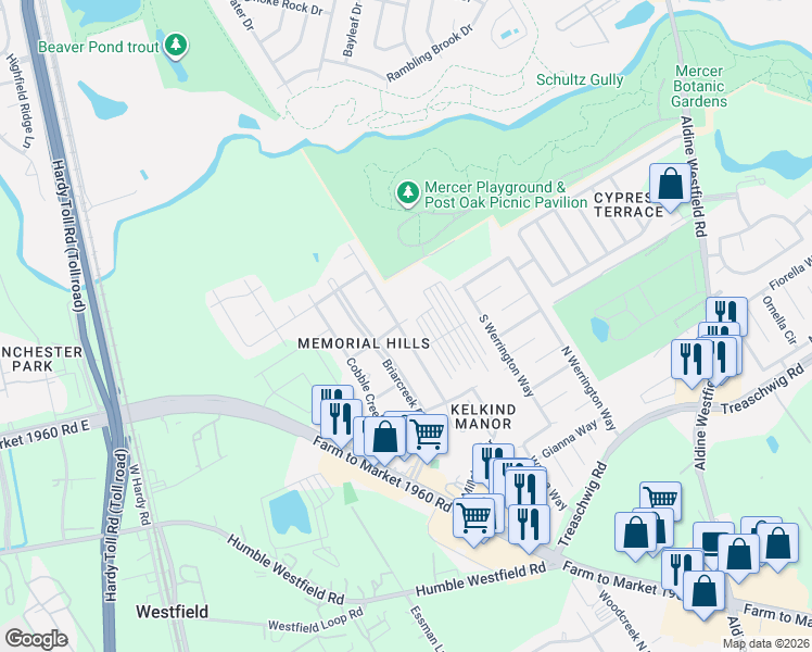 map of restaurants, bars, coffee shops, grocery stores, and more near 21515 Silver Birch Drive in Houston