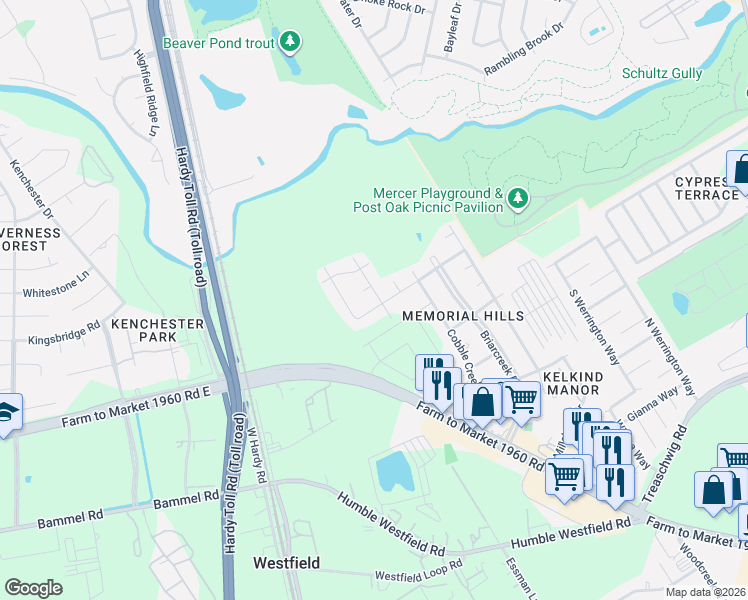 map of restaurants, bars, coffee shops, grocery stores, and more near 21214 Abbey Oak Circle in Houston