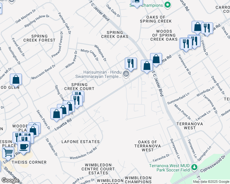 map of restaurants, bars, coffee shops, grocery stores, and more near 6100 Louetta Road in Spring