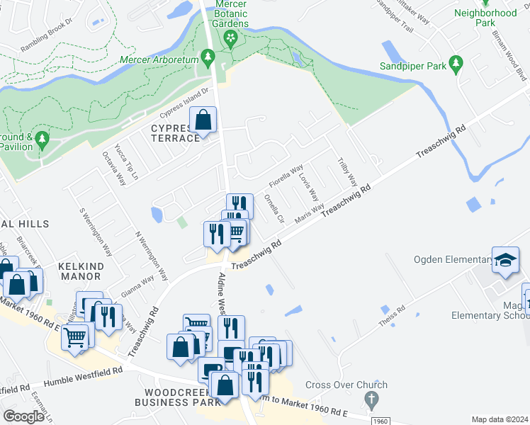 map of restaurants, bars, coffee shops, grocery stores, and more near 21602 Nella Circle in Humble