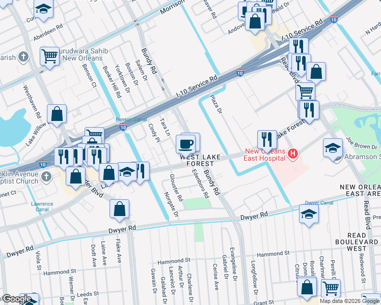 map of restaurants, bars, coffee shops, grocery stores, and more near 5740 Bundy Road in New Orleans