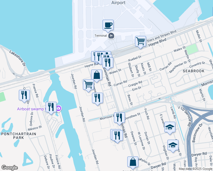 map of restaurants, bars, coffee shops, grocery stores, and more near 7712 Belcrest Place in New Orleans