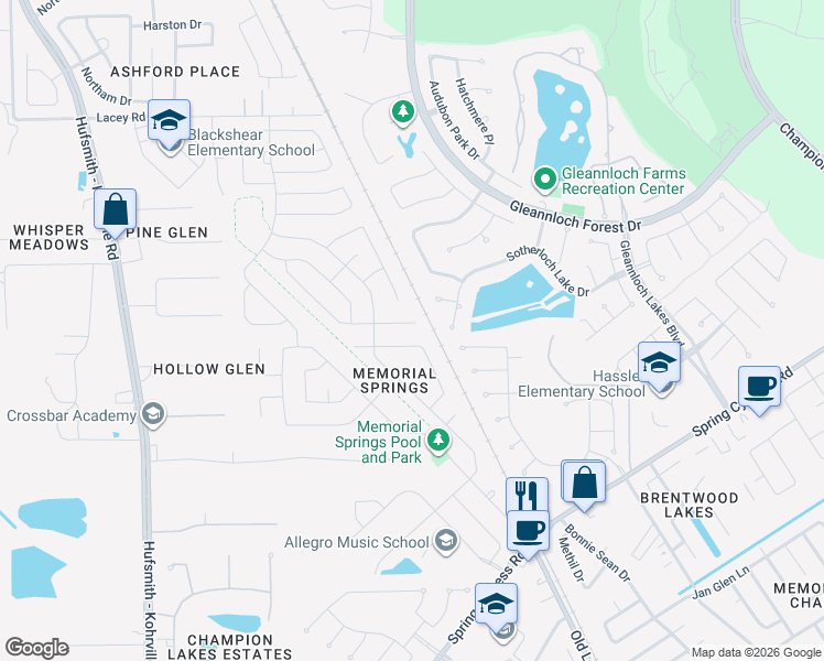 map of restaurants, bars, coffee shops, grocery stores, and more near 9611 Elizabeths Glen Lane in Tomball