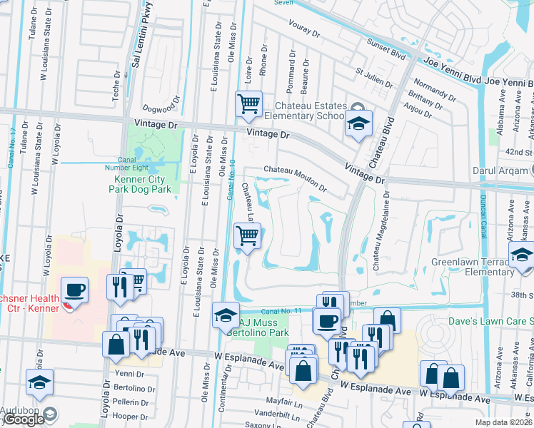 map of restaurants, bars, coffee shops, grocery stores, and more near 57 Chateau Palmer Drive in Kenner