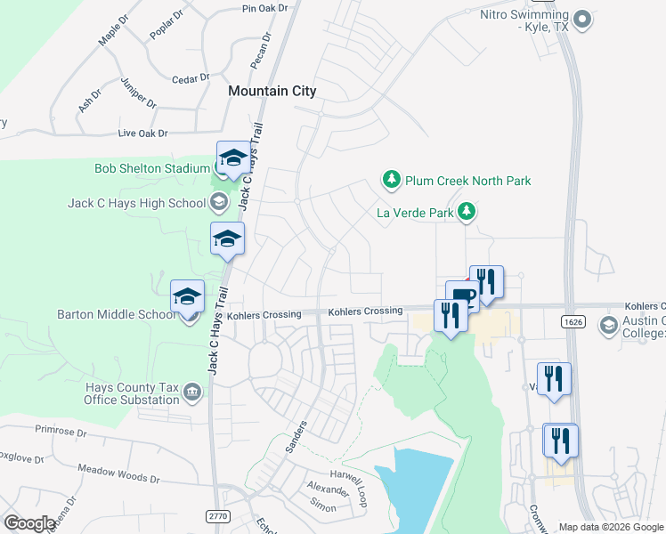 map of restaurants, bars, coffee shops, grocery stores, and more near Kohlers Crossing in Kyle