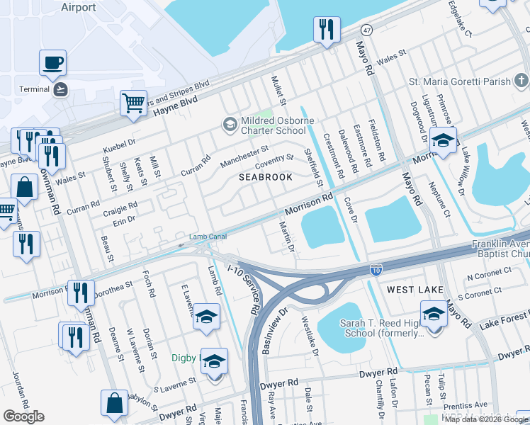 map of restaurants, bars, coffee shops, grocery stores, and more near 6740 Bamberry Street in New Orleans