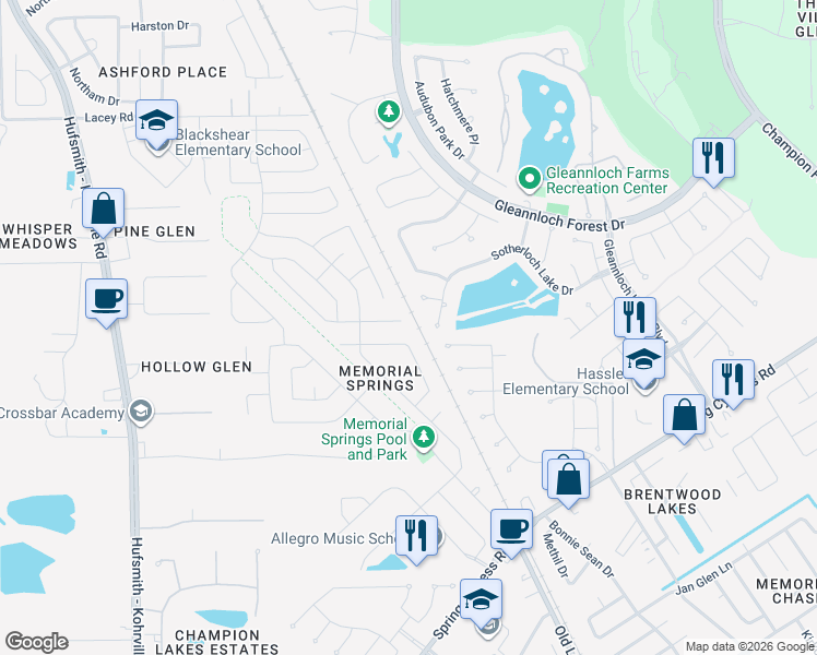 map of restaurants, bars, coffee shops, grocery stores, and more near 9611 Elizabeths Glen Lane in Tomball