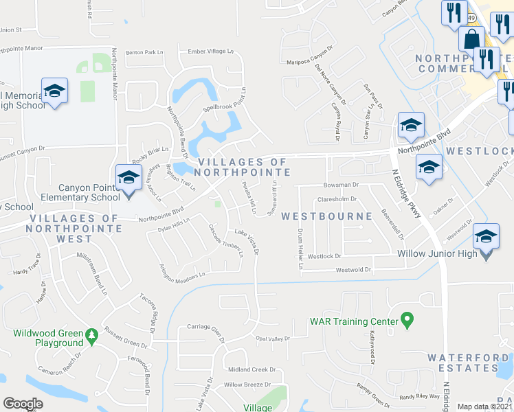 map of restaurants, bars, coffee shops, grocery stores, and more near 12415 Montebello Manor Lane in Tomball