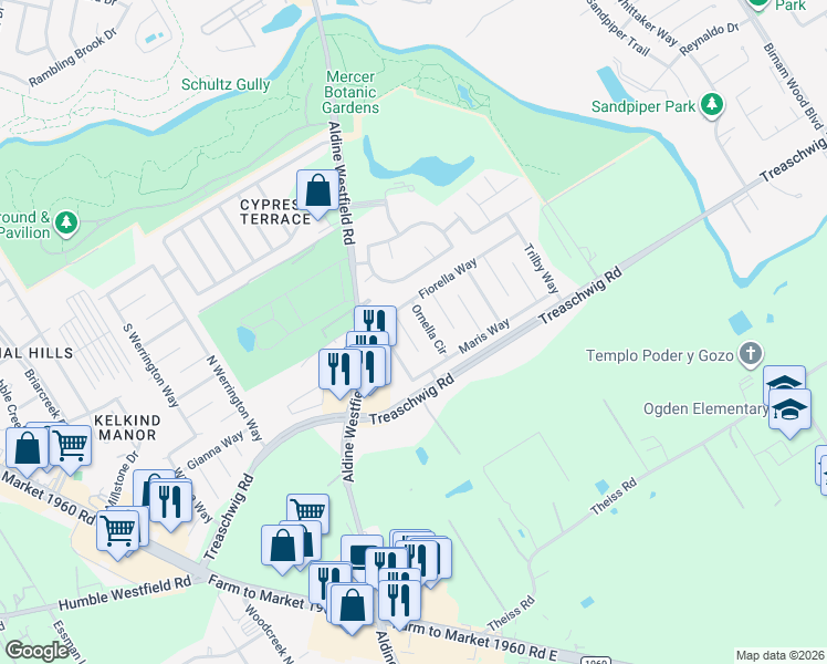 map of restaurants, bars, coffee shops, grocery stores, and more near 21606 Nella Circle in Humble