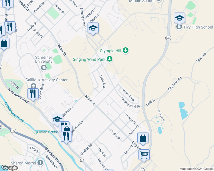 map of restaurants, bars, coffee shops, grocery stores, and more near 2320 Trails End in Kerrville