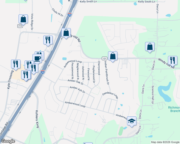 map of restaurants, bars, coffee shops, grocery stores, and more near 209 Firwood South in Kyle