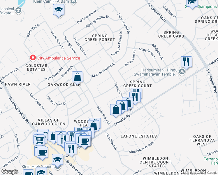 map of restaurants, bars, coffee shops, grocery stores, and more near 6614 Falling Waters Drive in Spring