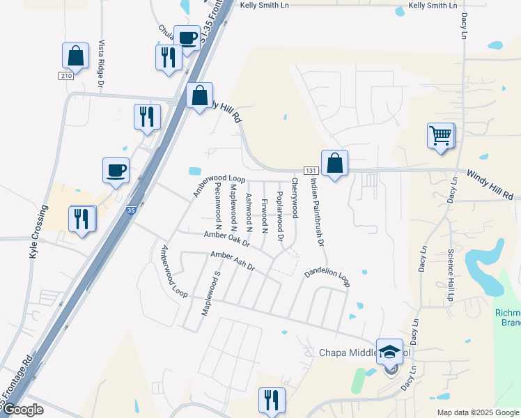 map of restaurants, bars, coffee shops, grocery stores, and more near 209 Firwood South in Kyle