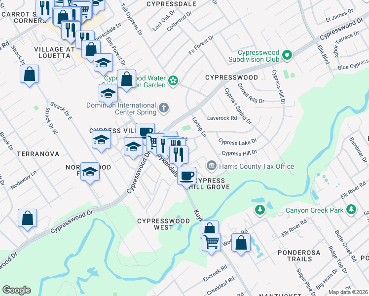 map of restaurants, bars, coffee shops, grocery stores, and more near 17502 Oxhill Court in Spring