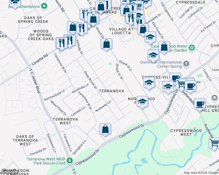 map of restaurants, bars, coffee shops, grocery stores, and more near 5226 Ashmere Lane in Spring