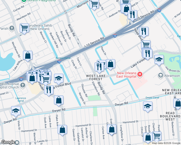 map of restaurants, bars, coffee shops, grocery stores, and more near 5740 Bundy Road in New Orleans