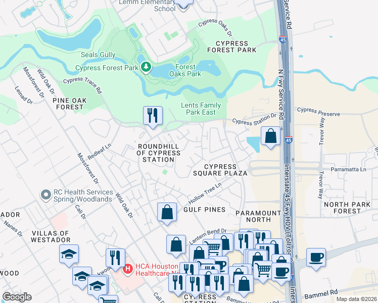 map of restaurants, bars, coffee shops, grocery stores, and more near 505 Cypress Station Drive in Houston