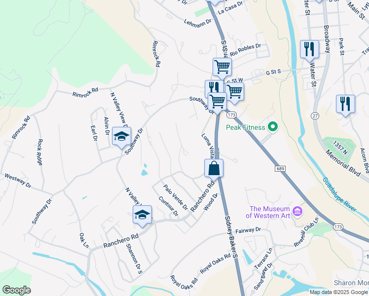map of restaurants, bars, coffee shops, grocery stores, and more near 102 Alto Vista Street in Kerrville