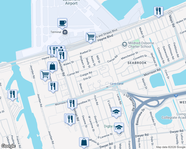 map of restaurants, bars, coffee shops, grocery stores, and more near 7545 Carole Lane in New Orleans