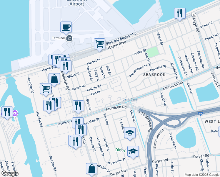 map of restaurants, bars, coffee shops, grocery stores, and more near 7501 Karen in New Orleans