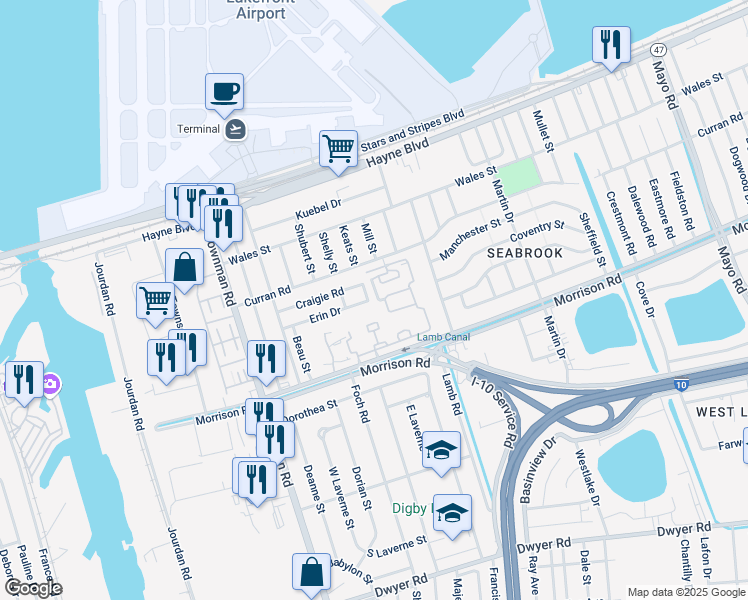 map of restaurants, bars, coffee shops, grocery stores, and more near 7501 Karen Lane in New Orleans