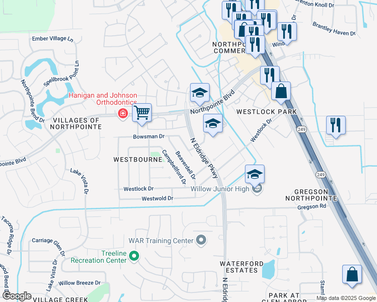 map of restaurants, bars, coffee shops, grocery stores, and more near Hillingdon Lane in Tomball